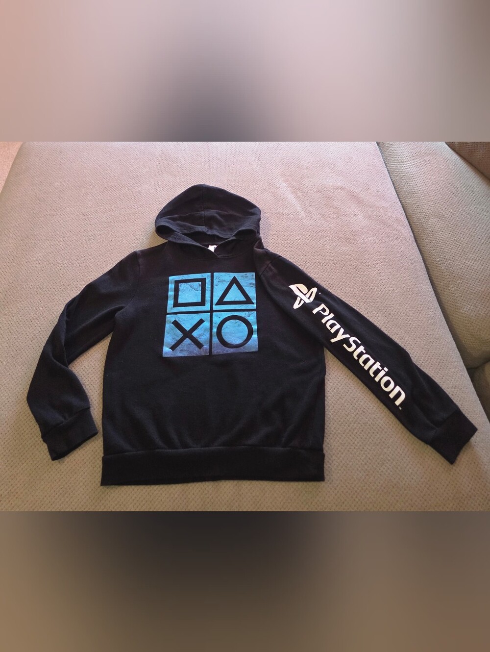 PlayStation Youth Hoodie Black Pullover Sweatshirt Blue Controller Symbols